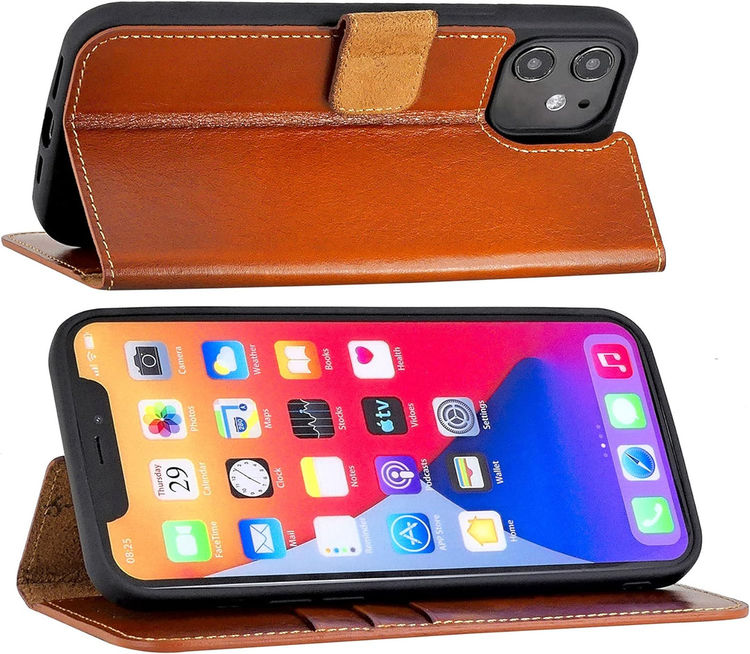 Suncase Book-Style Hülle kompatibel mit iPhone 12 (6.1") Leder Tasche (Slim-Fit) Lederhülle Handytas