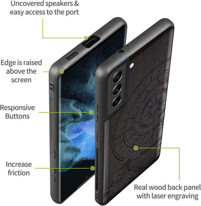 Carveit Holz Handyhülle für Galaxy S22 Plus Case [Elegante Schwarzholz] [Weich TPU Stossstange] Stos