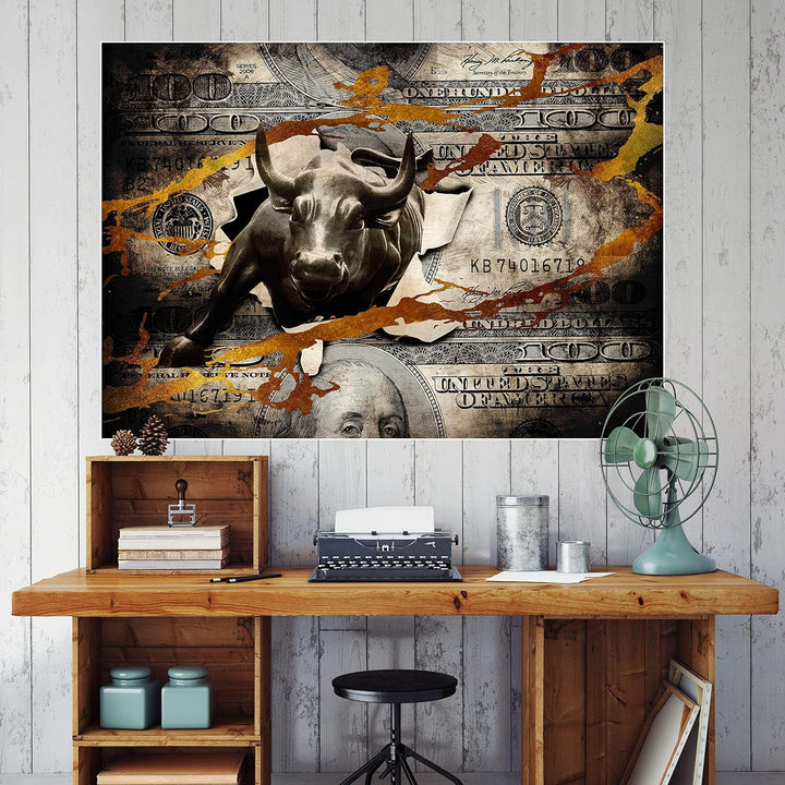 wandmotiv24 Poster als Wanddeko, Grösse Din A0, Stier stürmt durch Geldschein, Dollar, Geld, Tier, M