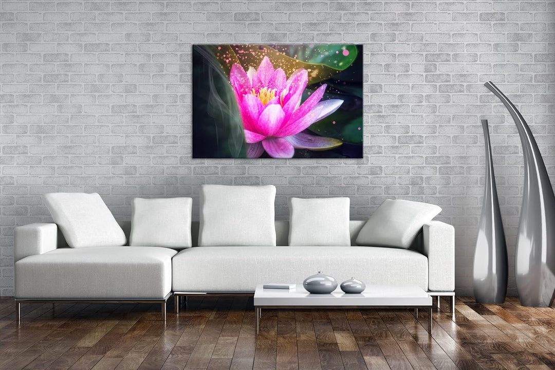 Lotus Seerose Format: 120x80 als Leinwandbild, Motiv fertig gerahmt auf Echtholzrahmen, Hochwertiger