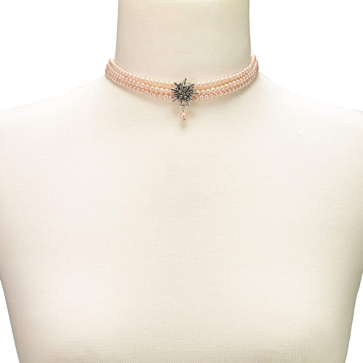 Alpenflüstern Trachten-Perlen-Kropfkette Strass-Edelweiss - Damen-Trachtenschmuck mit antik-silber-f