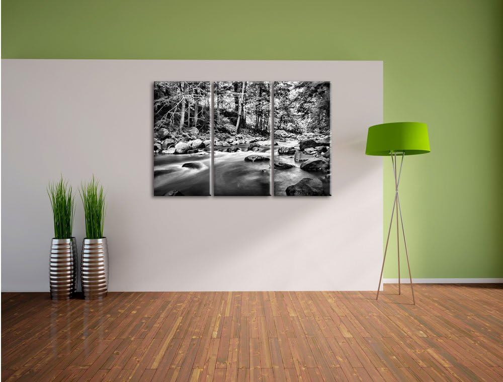 Pixxprint Fluss mit Steinen als Leinwandbild/Grösse: 3 Teilig (120x80 cm) cm/Wandbild/Kunstdruck/fer