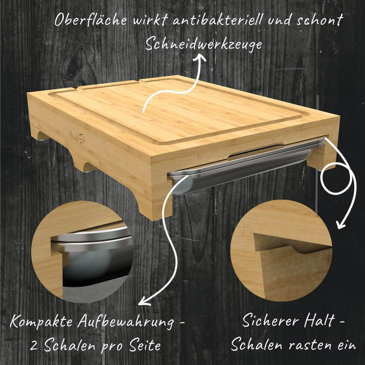 MARINDO Schneidebrett mit 4x Auffangschalen inkl. Saftrille | Schneidbrett aus Bambus | Auffangwanne