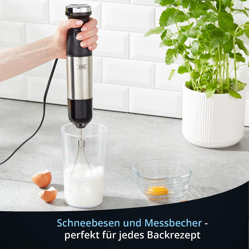 KHG Stabmixer Set Edelstahl 600 Watt | 3 in 1 Multifunktion Pürierstab- Zerkleinerer, Schneebesen, 7