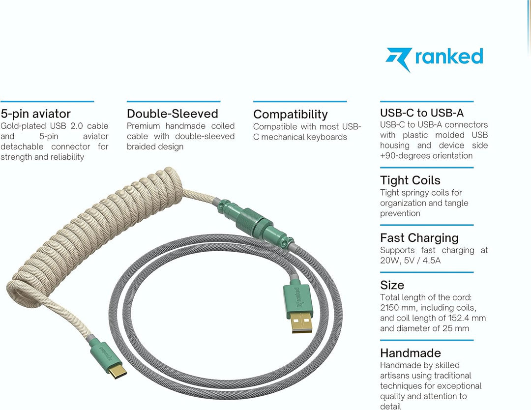 Ranked Coiled Cable | Handgefertigtes Double-Sleeved Geflochtenes Kabel | USB Typ C auf A | 5-Pin Av