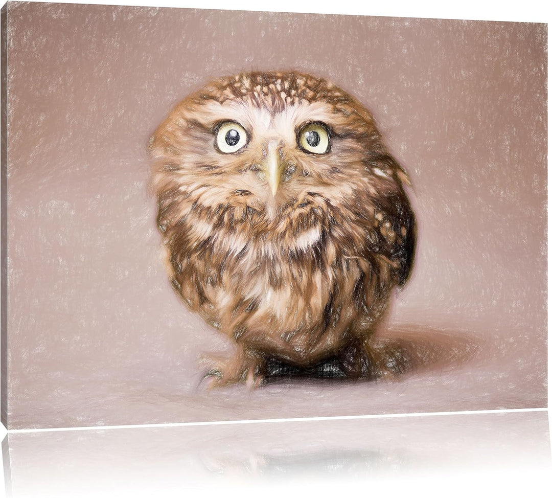 Pixxprint Niedliche Nachteule mit süssem Blick Kunst Buntstift Effekt, Format: 100x70 auf Leinwand,