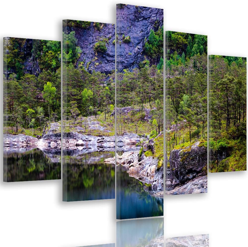 Feeby Bild auf Leinwand Landschaft 5 Teilig Modern Wasser Bäume Natur grün 150x100 cm Leinwandbild 1