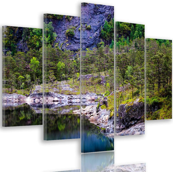 Feeby Bild auf Leinwand Landschaft 5 Teilig Modern Wasser Bäume Natur grün 150x100 cm Leinwandbild 1