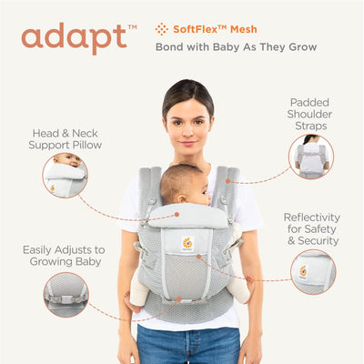 Ergobaby Adapt Babytrage für Neugeborene ab Geburt, 3-Positionen SoftFlex Mesh Ergonomische Babybauc