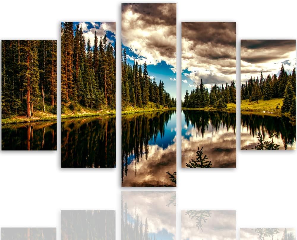 Bilder Landschaft 250x120 cm - Leinwandbild 5 Teilig XXL Kunstdruck See Wald blau Leinwandbild XXL 2