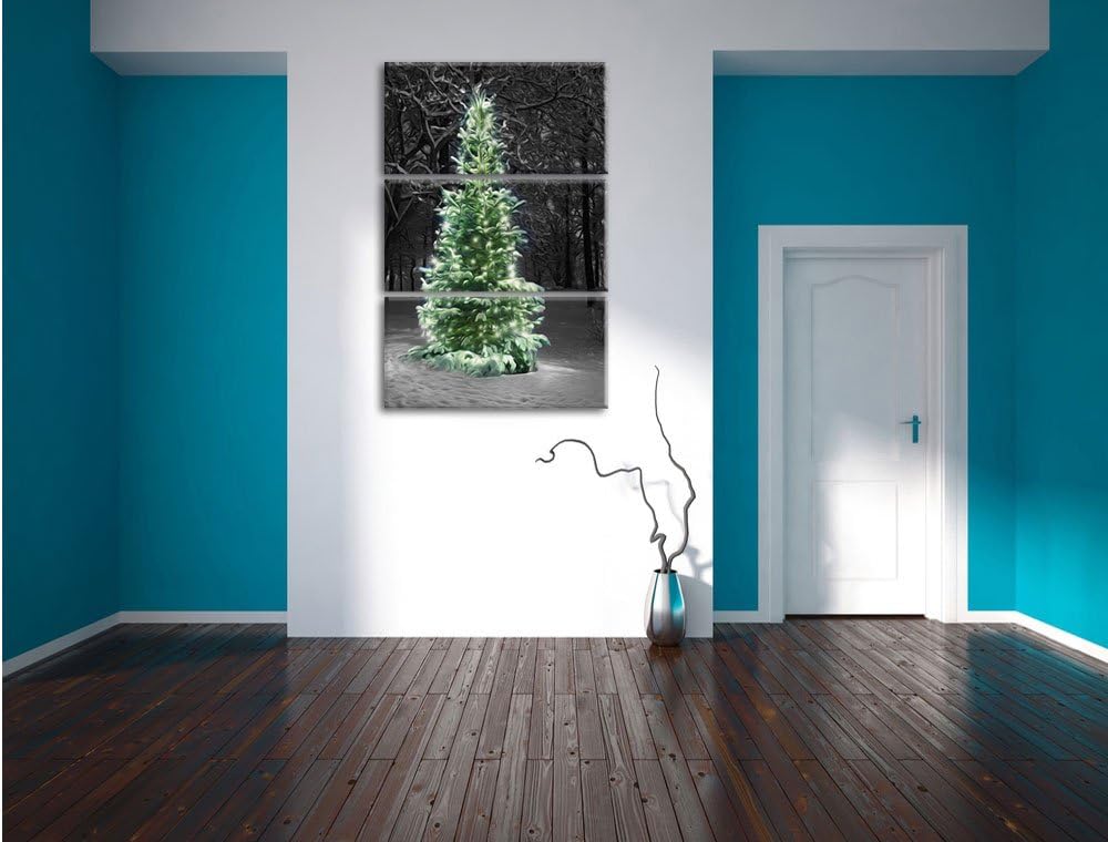 Pixxprint Weihnachtsbaum im Winterwald als Leinwandbild/Grösse: 3 Teilig (120x80) cm/Wandbild/Kunstd