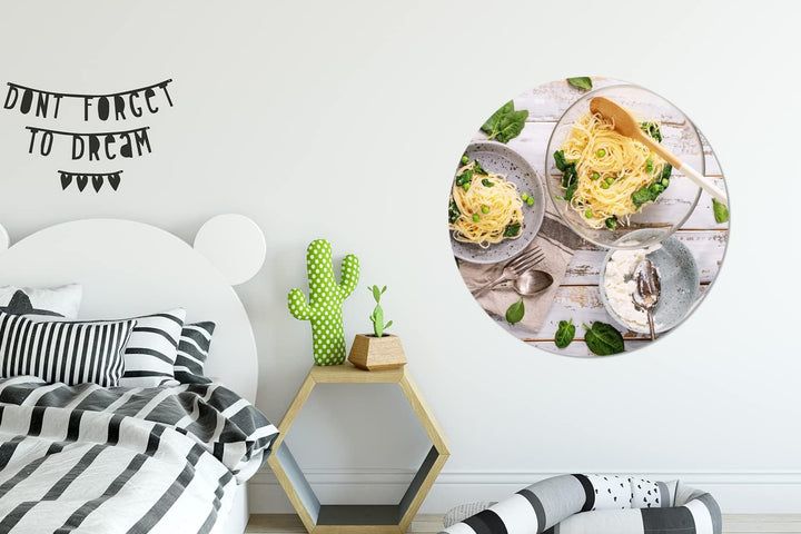 MuchoWow Wandbild Rund Wanddeko Deko Wohnzimmer Bilder 90x90 cm Nudeln - Basilikum - Kochen, 90x90 c