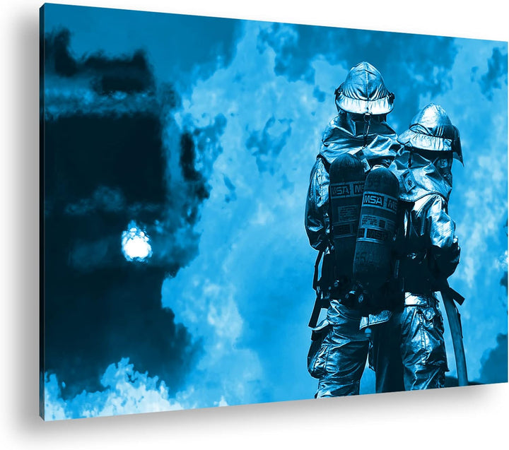 deyoli Feuerwehrmänner mit Flammen Format 80x60 Effekt: Monocrome Blau als Leinwandbild, Motiv ferti