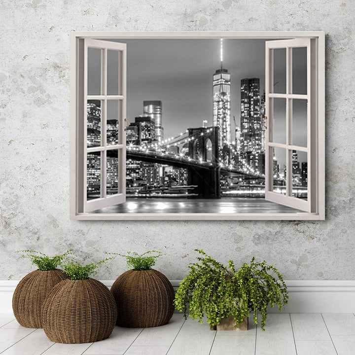 Feeby Wandbild 3D Illusion Druckbild Leinwandbild New York schwarz-weiss 90x60 cm Leinwandbild 90x60