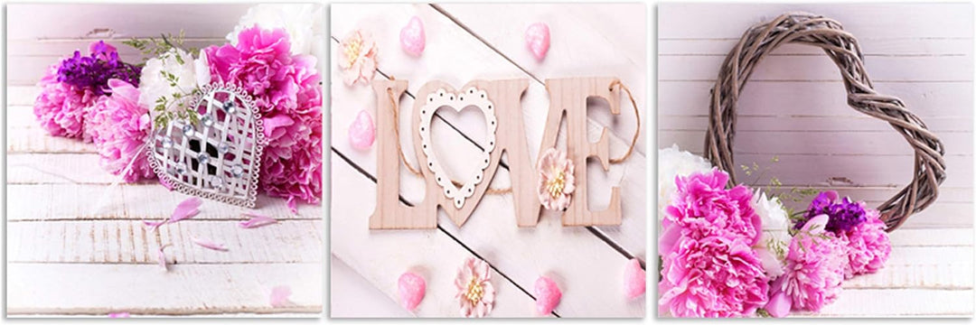 Feeby Bilder 3 Blumen Rosen Herz 150x50 cm Wohnzimmer Schlafzimmer Büro Flur Küche Wandbilder Modern