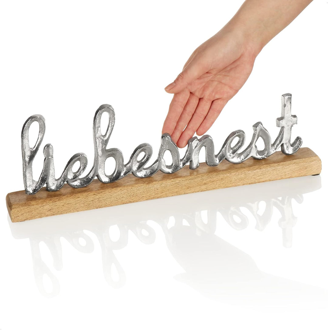 com-four® Deko Aufsteller liebesnest - Schriftzug aus Metall im Kreis aus Mangoholz - Deko-Schriftzu
