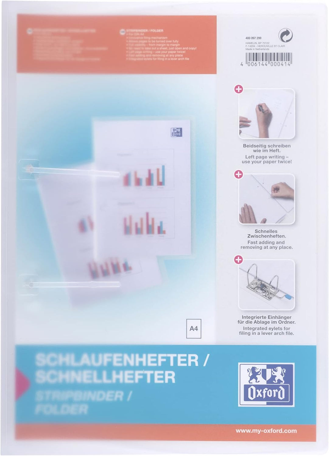 Oxford Schlaufenhefter A4, aus Kunststoff, transparent, farblos, 10 Stück, farblos