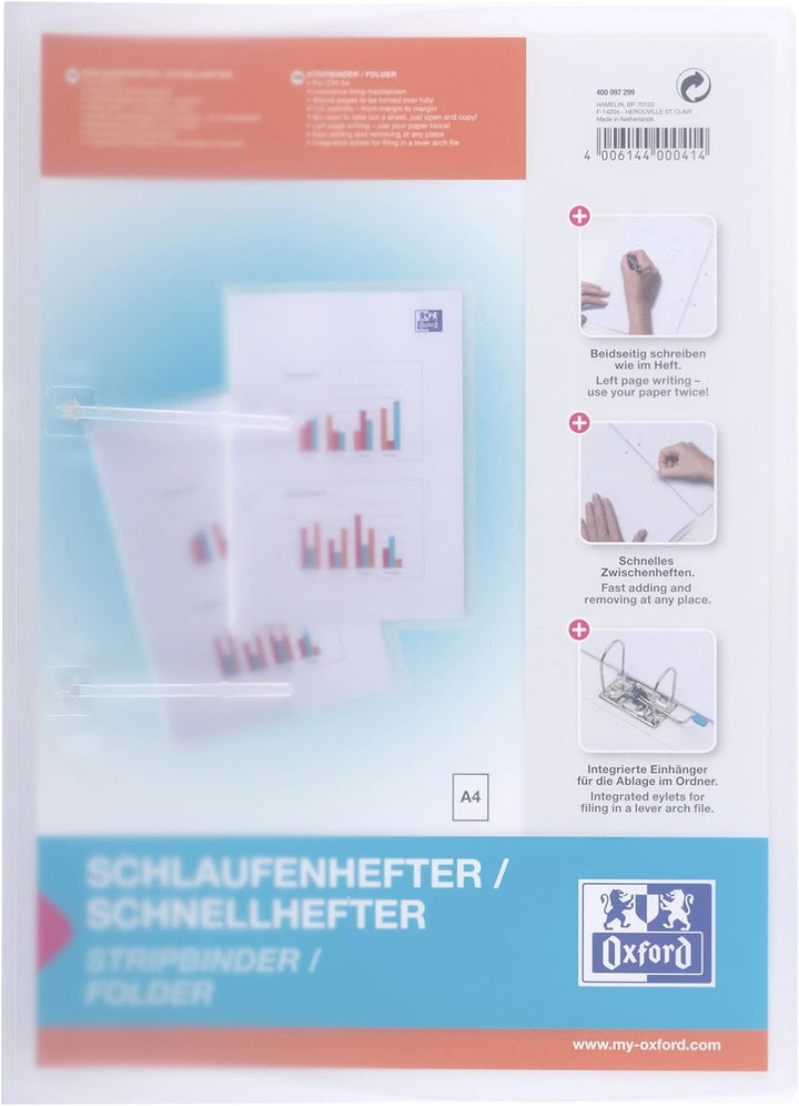 Oxford Schlaufenhefter A4, aus Kunststoff, transparent, farblos, 10 Stück, farblos