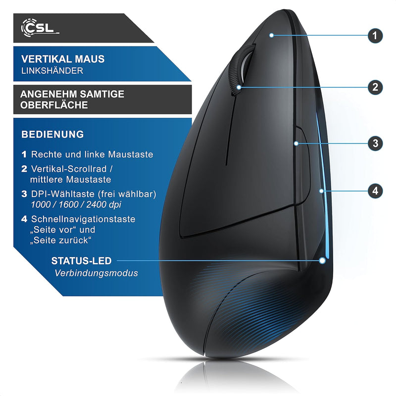 CSL – Maus kabellos für Linkshänder – Vertikalmaus Bluetooth und 2,4 Ghz Wireless Funkmaus – vertika