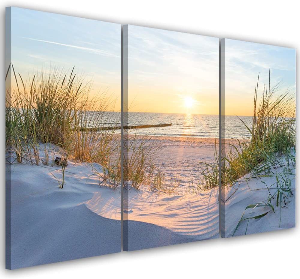Feeby 3-teilig Leinwandbild XXL 120x80 cm Himmel Strand Meer Wellen Wandbild Kunst Bilder Schlafzimm