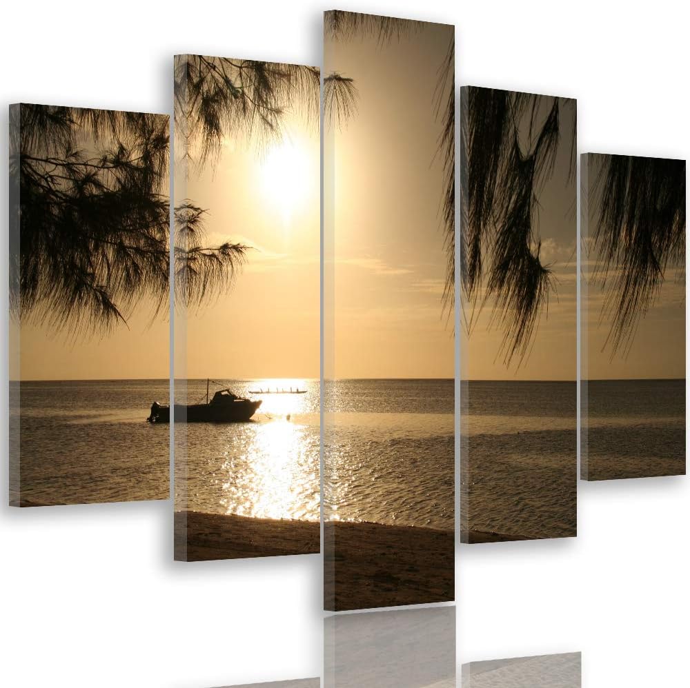 Feeby Bilder Strand 200x100 cm - Leinwandbild 5 Teilig XXL Kunstdruck Meer Boot braun Leinwandbild X