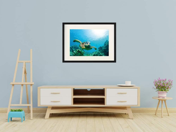 1art1 Unterwasserwelt Poster Meeres-Schildkröte Über Sonnendurchflutetem Korallenriff Gerahmtes Bild