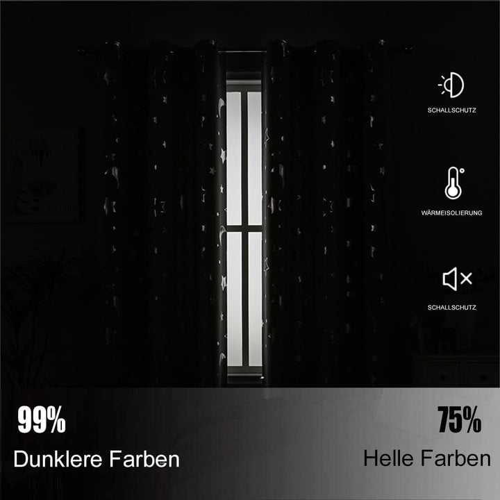 Freyamy Vorhang Blickdicht Dunkelblau Mond Sternenvorhänge 2 Stück,200x100cm (HxB) Niedliche Vorhäng