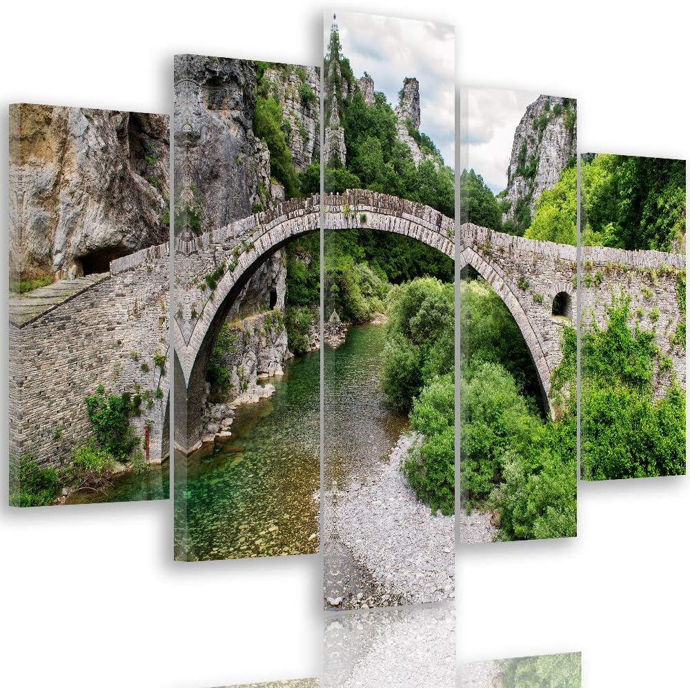 Wanddeko XXL Landschaft Leinwandbild 5 Teilig Brücke Fluss Berge grün 100x70 cm Leinwandbild 100x70