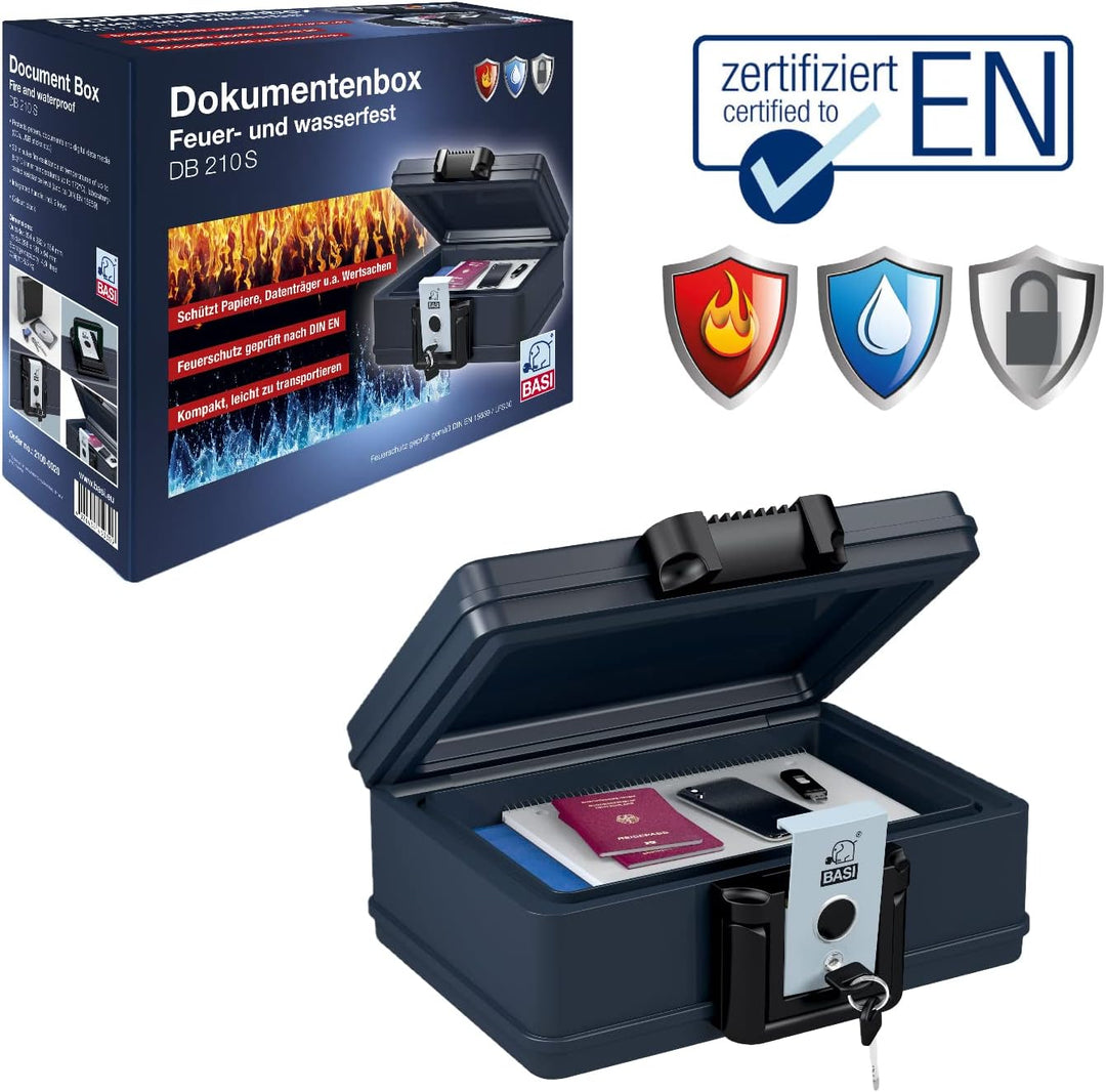 BASI | Feuerfeste und Wasserdichte Dokumentenbox | Sicherheitskassette aus Kunststoff | abschliessba