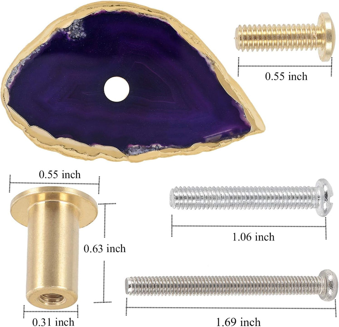 KYEYGWO 4 Stück Violett Achat Scheiben Möbelknöpfe mit Schraube, Unregelmässig Messing Schubladenknö