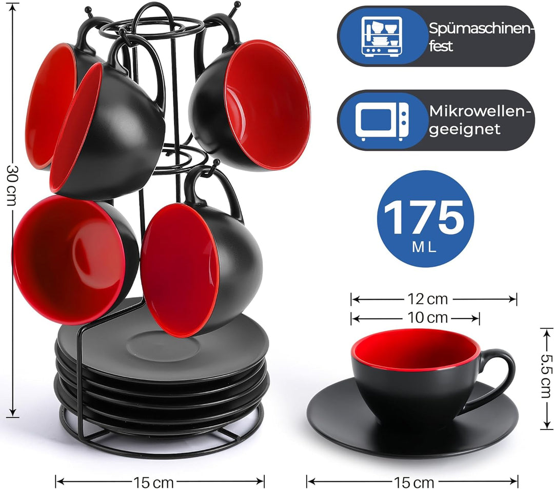 MIAMIO - 6 x 175 ml Tasse Cappuccino Tassen mit Unterteller & Ständer/Cappuccinotassen Set - Le Papi