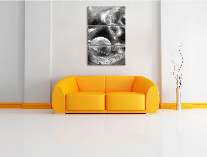 Pixxprint Raum Landschaft Kunst Kohle Effekt 3-Teiler Leinwandbild 120x80 Bild auf Leinwand