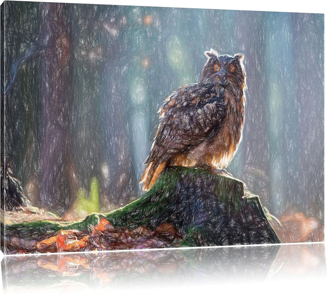 Pixxprint Eule auf dem Baumstamm als Leinwandbild/Grösse: 100x70 / Wandbild/Kunstdruck/fertig bespan