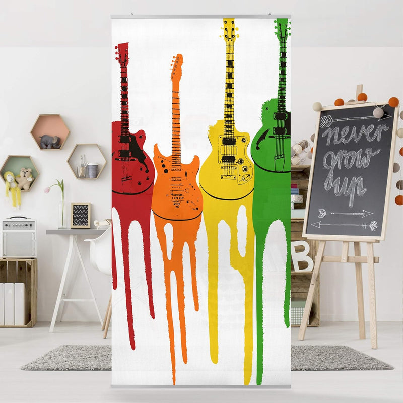 Raumteiler Kinderzimmer Retro Guitars 250x120cm inkl. transparenter Halterung 250x120cm incl. transp