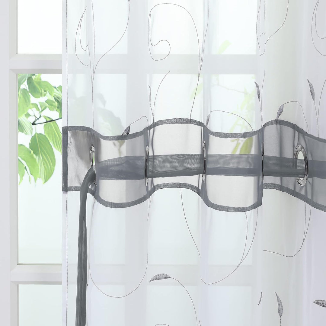ESLIR Gardinen mit Ösen Vorhänge Transparent Wohnzimmer Ösenschal Modern Bestickt Voile Grau BxH BxH