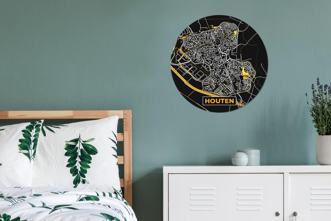 MuchoWow Wandbild Rund Wanddeko Deko Wohnzimmer Bilder 60x60 cm Houten - Schwarz und Gold - Stadtpla