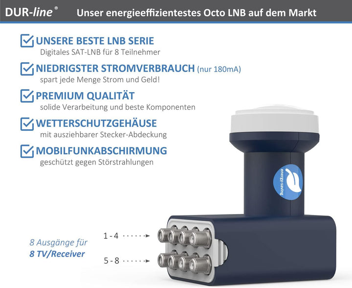 DUR-line Blue ECO Octo - Stromspar-LNB - 8 Teilnehmer - Premium-Qualität - 8-Fach, digital, Full HD,