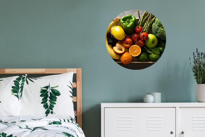 MuchoWow Wandbild Rund Wanddeko Deko Wohnzimmer Bilder 60x60 cm Kiste - Obst - Regenbogen, 60x60 cm