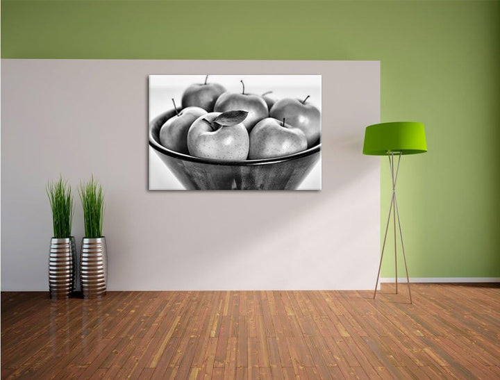 Pixxprint Monocrome, Apple Apfel Korb mit grünen Äpfeln, Format: 100x70 auf Leinwand, 100x70