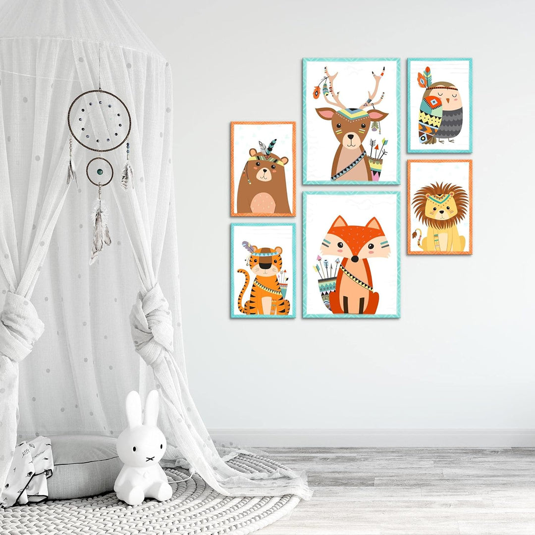 Novart Bilder Set - AUFHÄNGFERTIG - KEIN EXTRA RAHMEN BENÖTIGT - Tiere Modern Indianer - Kinderzimme