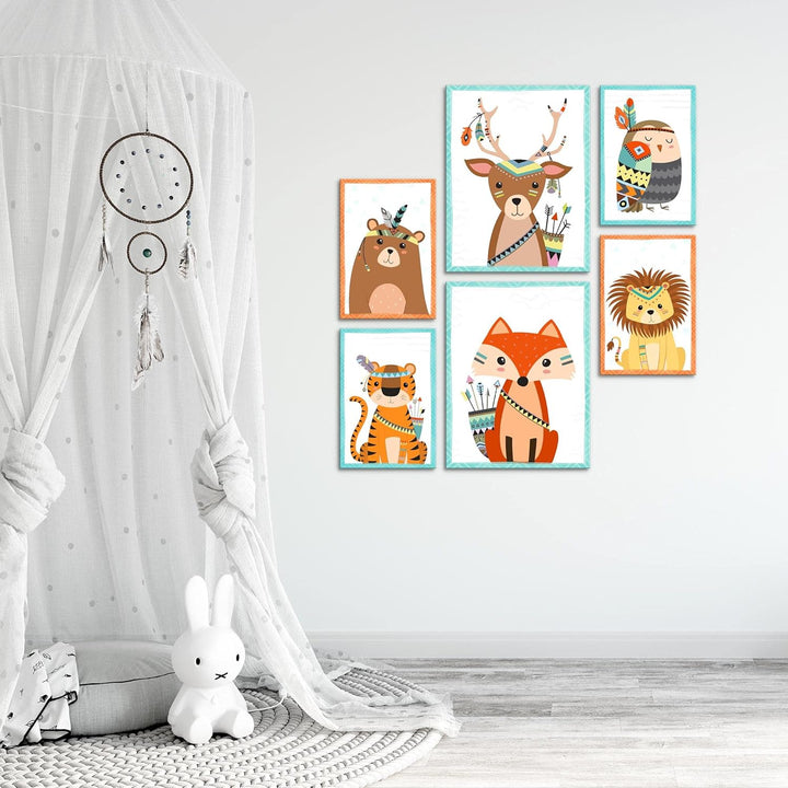 Novart Bilder Set - AUFHÄNGFERTIG - KEIN EXTRA RAHMEN BENÖTIGT - Tiere Modern Indianer - Kinderzimme