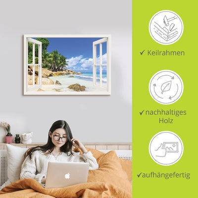 ARTland Leinwandbilder Wandbild Bild Leinwand 70x50 cm Querformat Fensterblick Strand Karibik Meer P