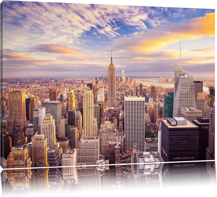 Skyline von New York bei Sonnenuntergang Format: 100x70 auf Leinwand, XXL riesige Bilder fertig gera