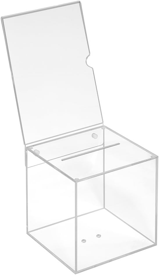 Losbox aus Acrylglas in 150x150x150mm mit Topschild DIN A5 Hoch - Zeigis® / Spendenbox/Aktionsbox/Ge