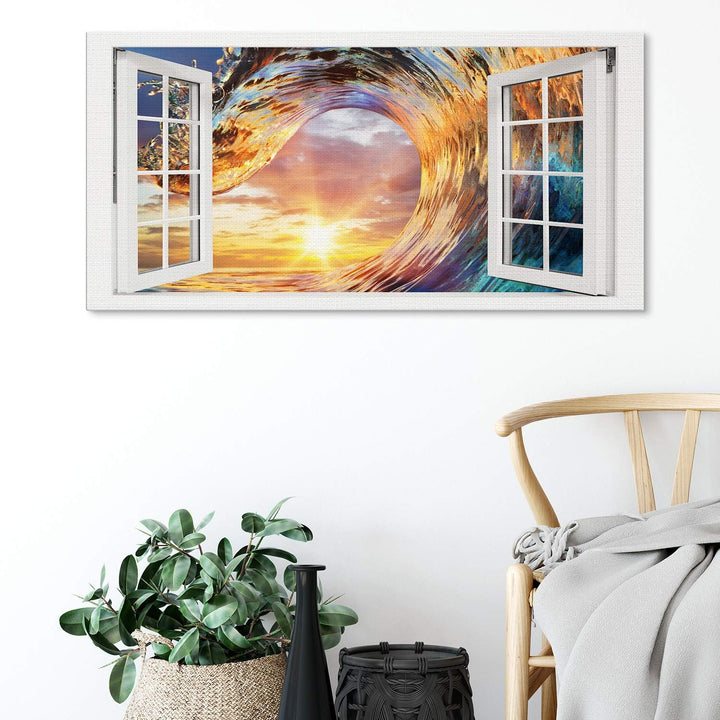 PICANOVA – Bild auf Leinwand Wellen-Sonnenuntergang Fenster 100x50cm – Leinwandbild – Premium Leinwa