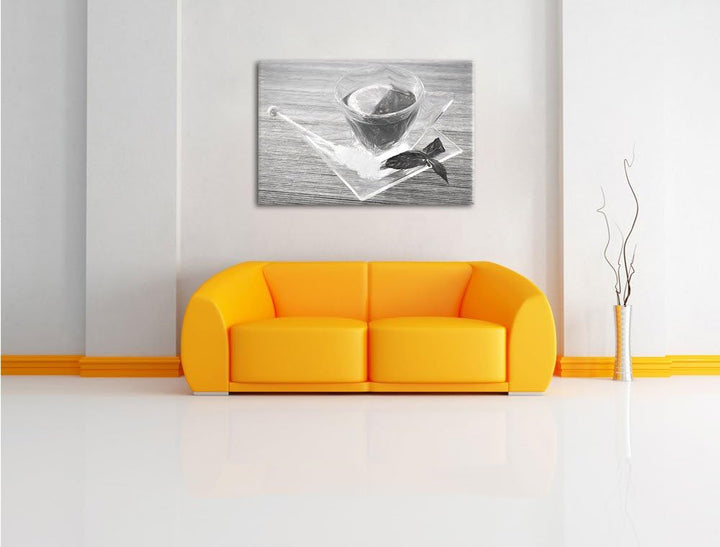 Pixxprint Tasse Tee mit Minze Kohle Zeichnung Effekt, Format: 100x70 auf Leinwand, XXL riesige Bilde