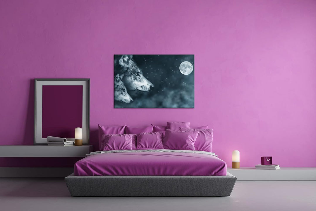 deyoli Wolf-Vollmond-Illustration Format: 100x70 als Leinwand, Motiv fertig gerahmt auf Echtholzrahm