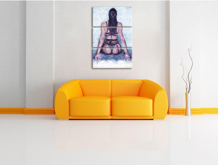 Pixxprint Brünette Frau in sexy Dessous als Leinwandbild/Grösse: 3 Teilig (120x80 cm) cm/Wandbild/Ku