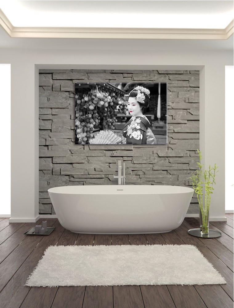 schöne Geisha mit Fächer schwarz/weiss Format: 100x70 auf Leinwand, XXL riesige Bilder fertig gerahm