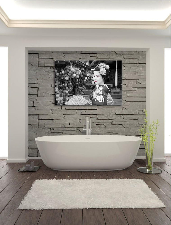 schöne Geisha mit Fächer schwarz/weiss Format: 100x70 auf Leinwand, XXL riesige Bilder fertig gerahm
